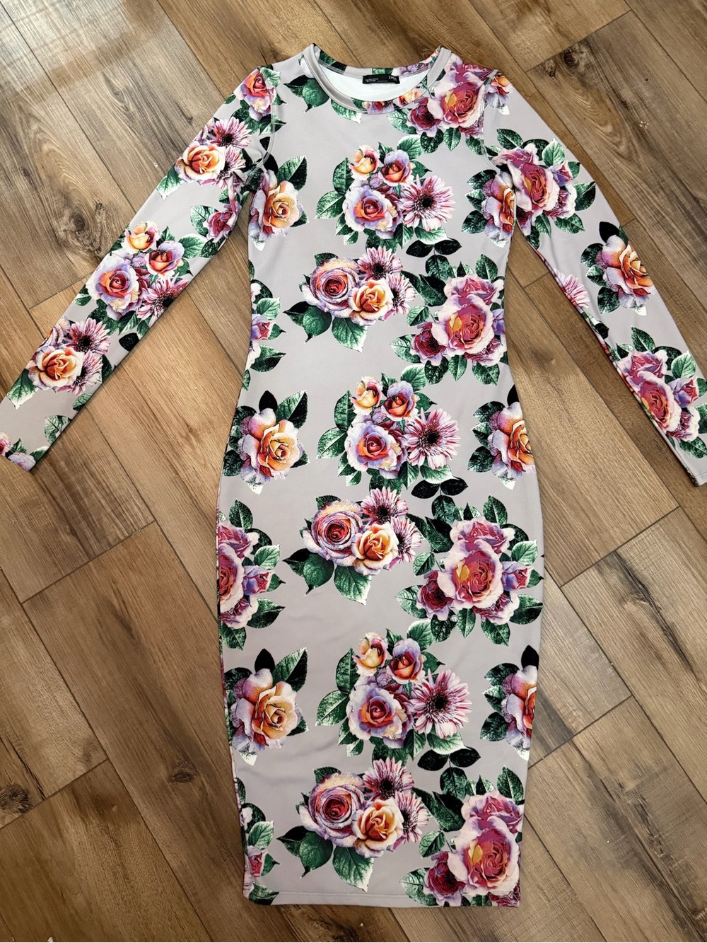 Zara Long Sleeve Floral Bodycon Midi Dress - Pink, Green